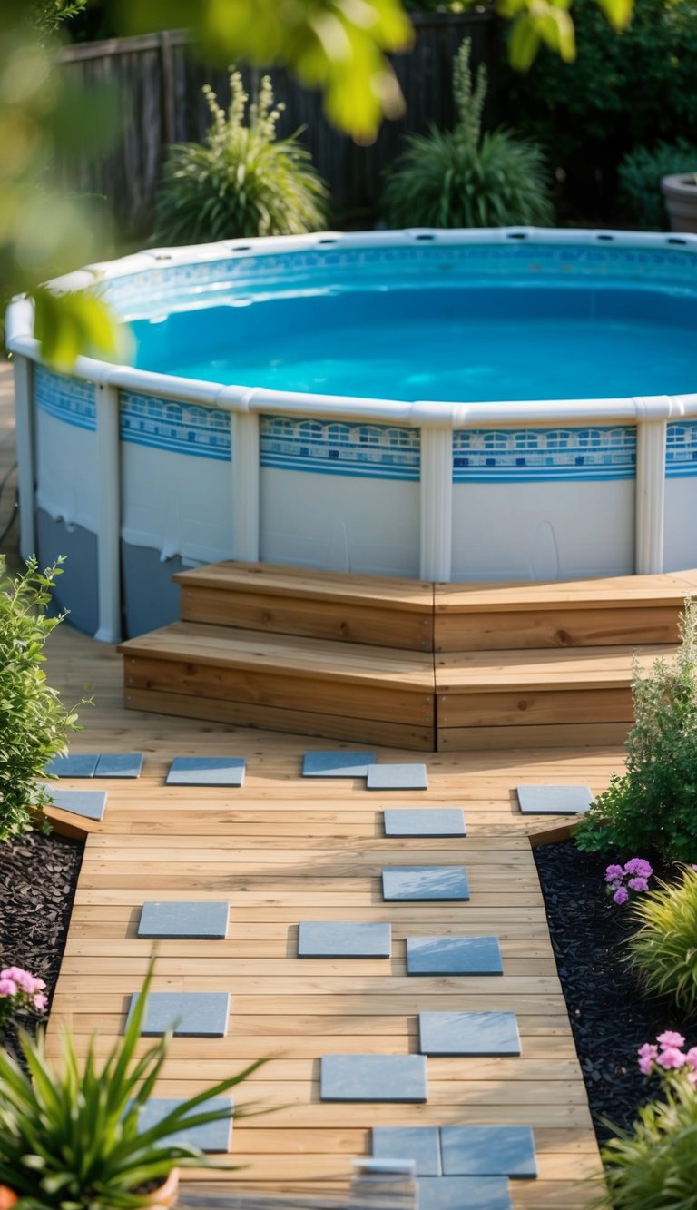 A wooden deck surrounds an above ground pool, with tiles arranged in a neat pattern. Surrounding landscaping includes plants, flowers, and decorative features