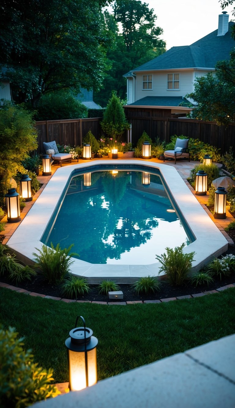 A backyard with an above-ground pool surrounded by solar-powered lanterns, lush landscaping, and a serene atmosphere