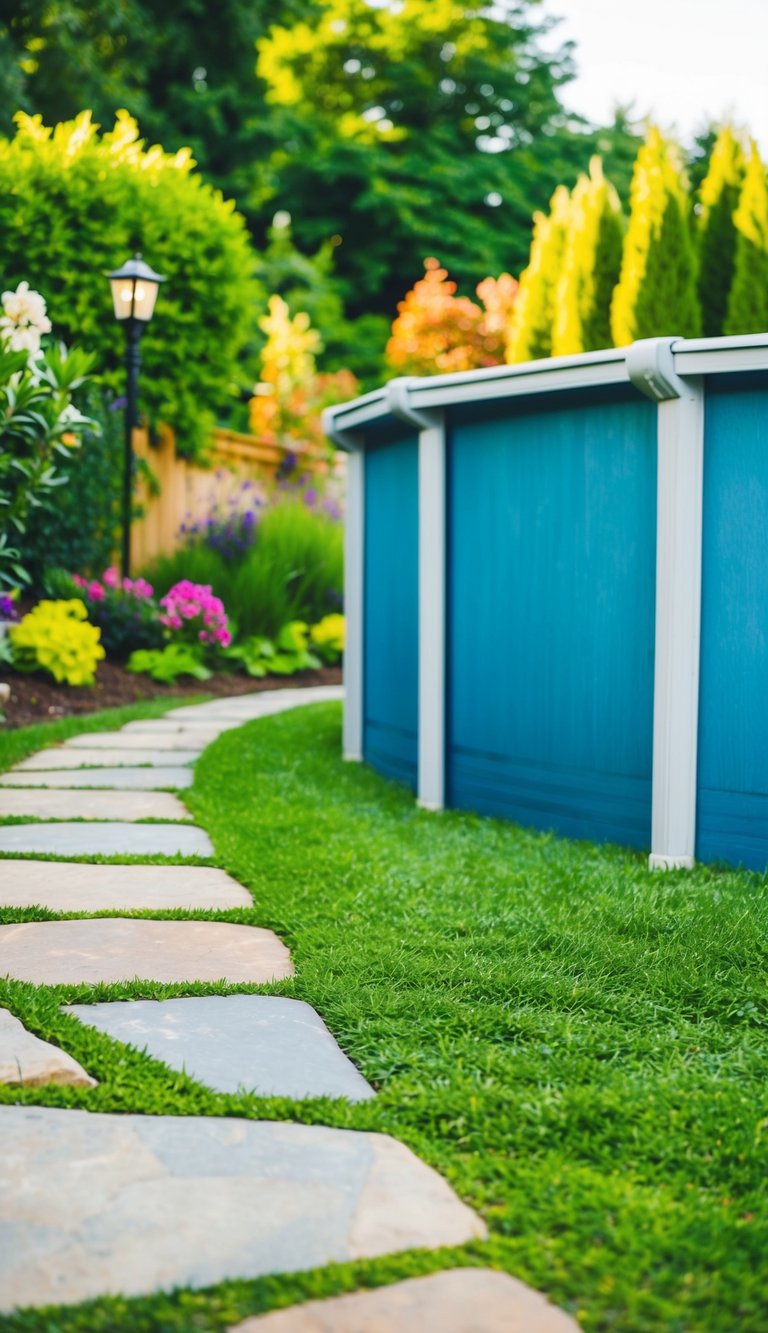 A stone pathway winds through a lush garden, leading to an above ground pool surrounded by vibrant landscaping