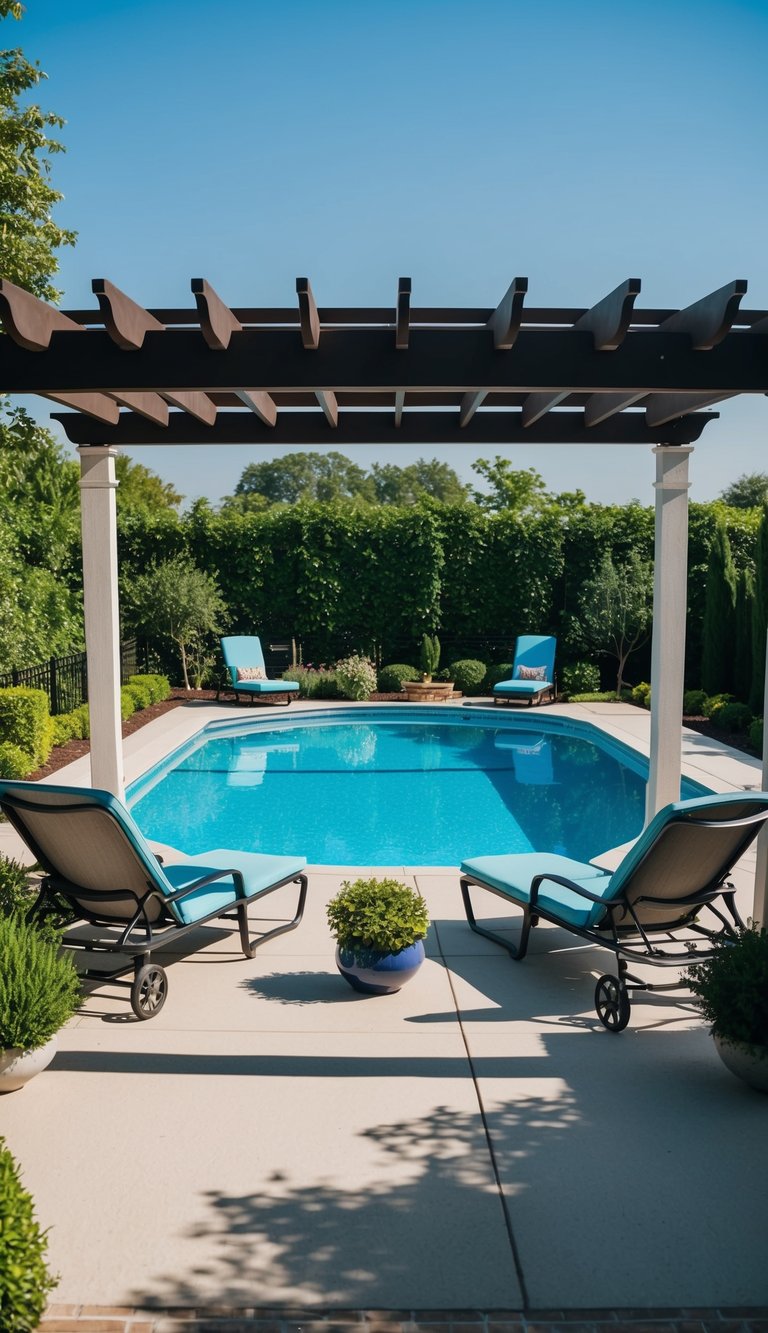 A poolside pergola with lush landscaping, lounge chairs, and a clear blue above ground pool set against a backdrop of greenery and a clear blue sky