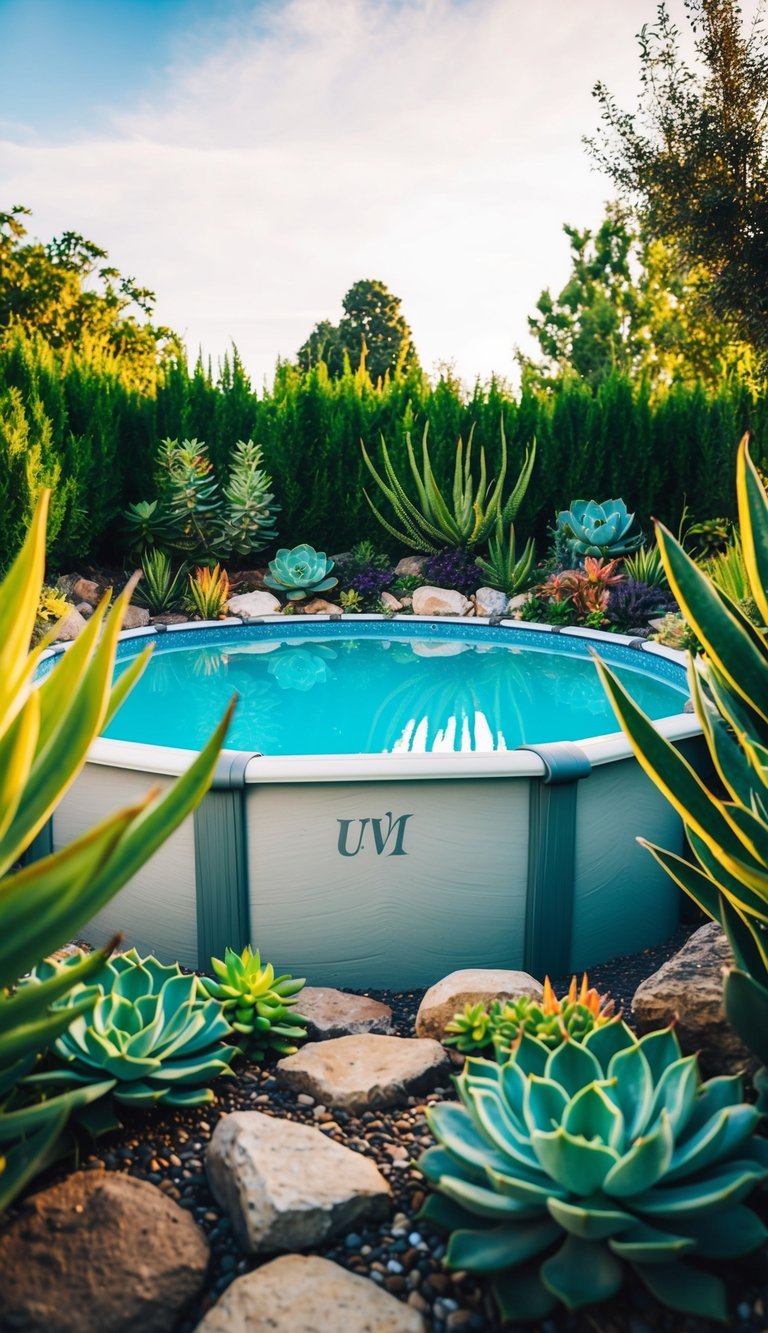 A lush succulent garden surrounds an above ground pool, with colorful plants and rocks creating a serene and inviting landscape