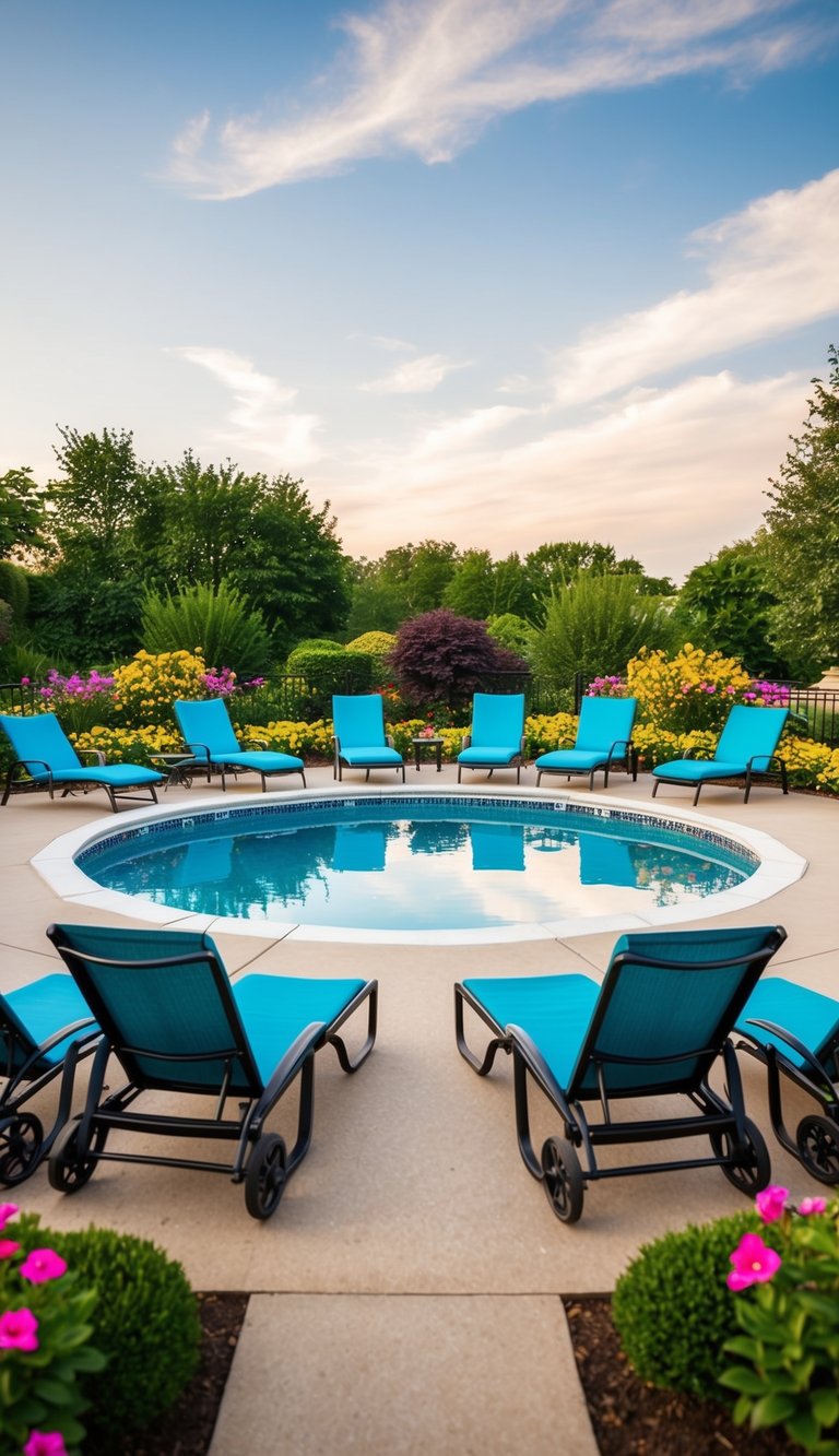 Several lounge chairs are arranged around an above-ground pool, surrounded by lush landscaping and colorful flowers. The pool is the focal point of the scene, with a peaceful and inviting atmosphere