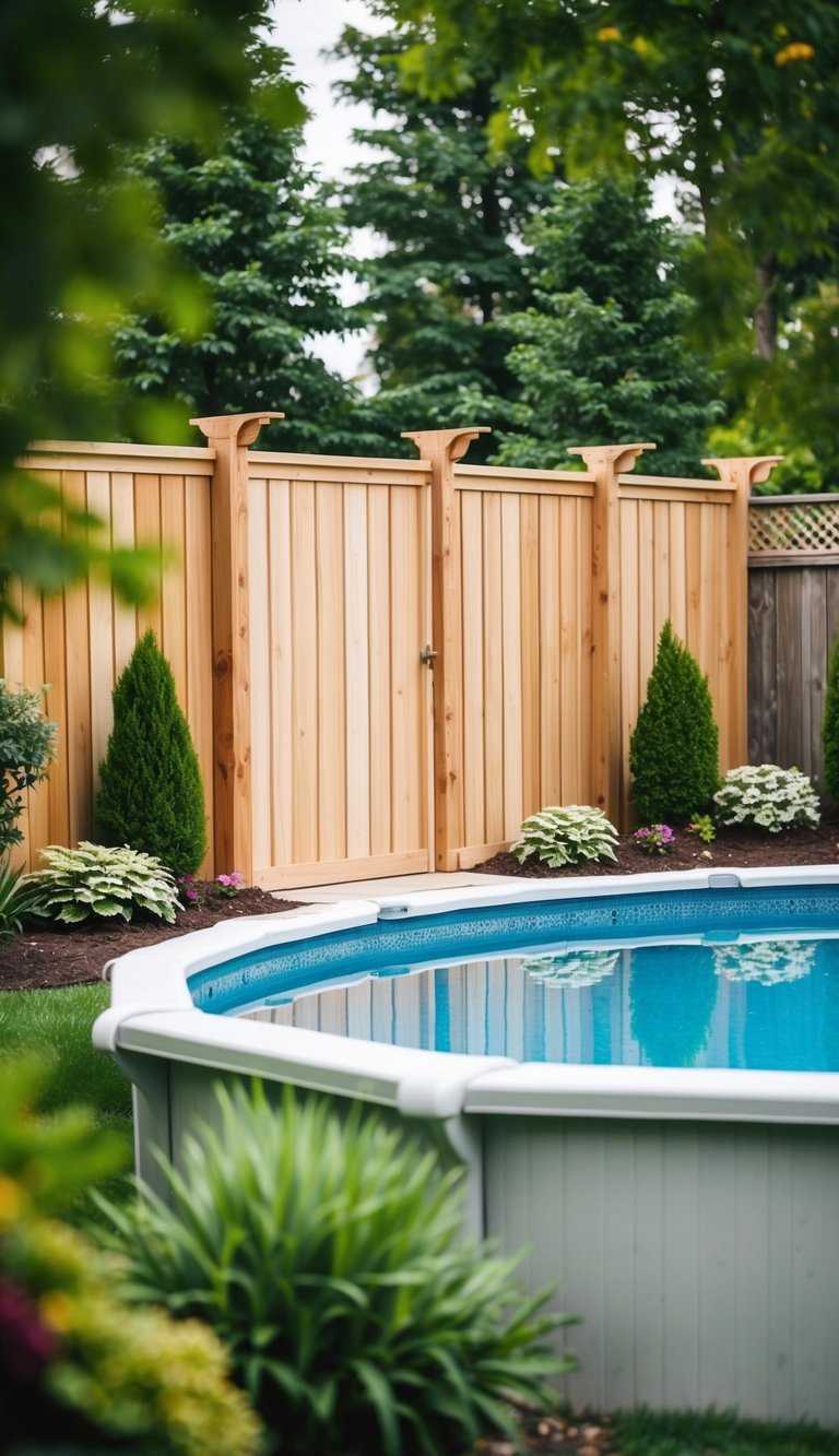 A wooden cedar privacy screen surrounds an above-ground pool, with lush landscaping and decorative elements