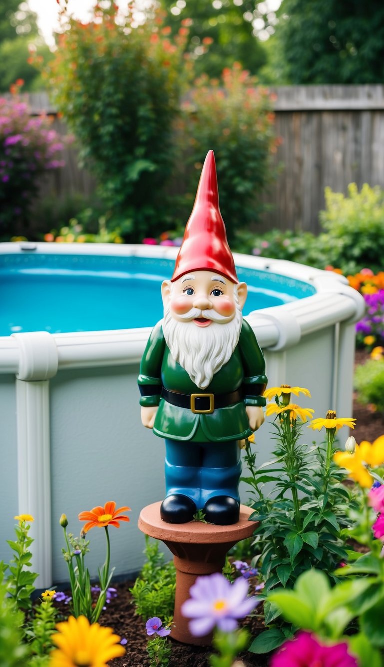 A garden gnome stands among colorful flowers and greenery, surrounding an above ground pool