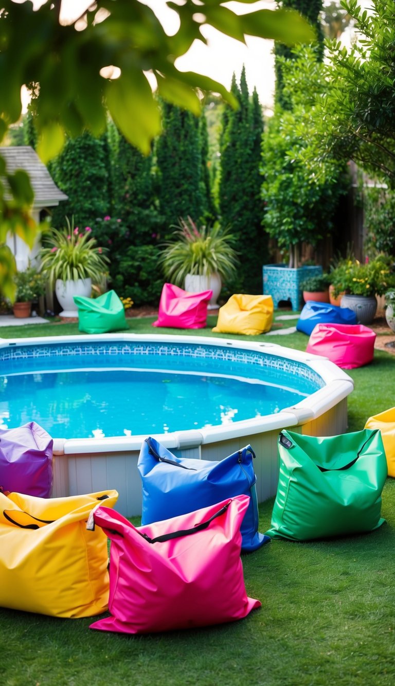 Colorful waterproof bean bags scattered around a landscaped above ground pool, surrounded by lush greenery and decorative features