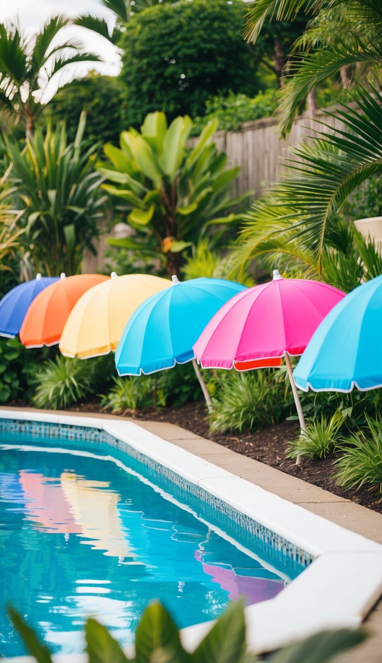 Colorful retro beach umbrellas line the edge of a sparkling above ground pool, surrounded by lush landscaping and tropical plants