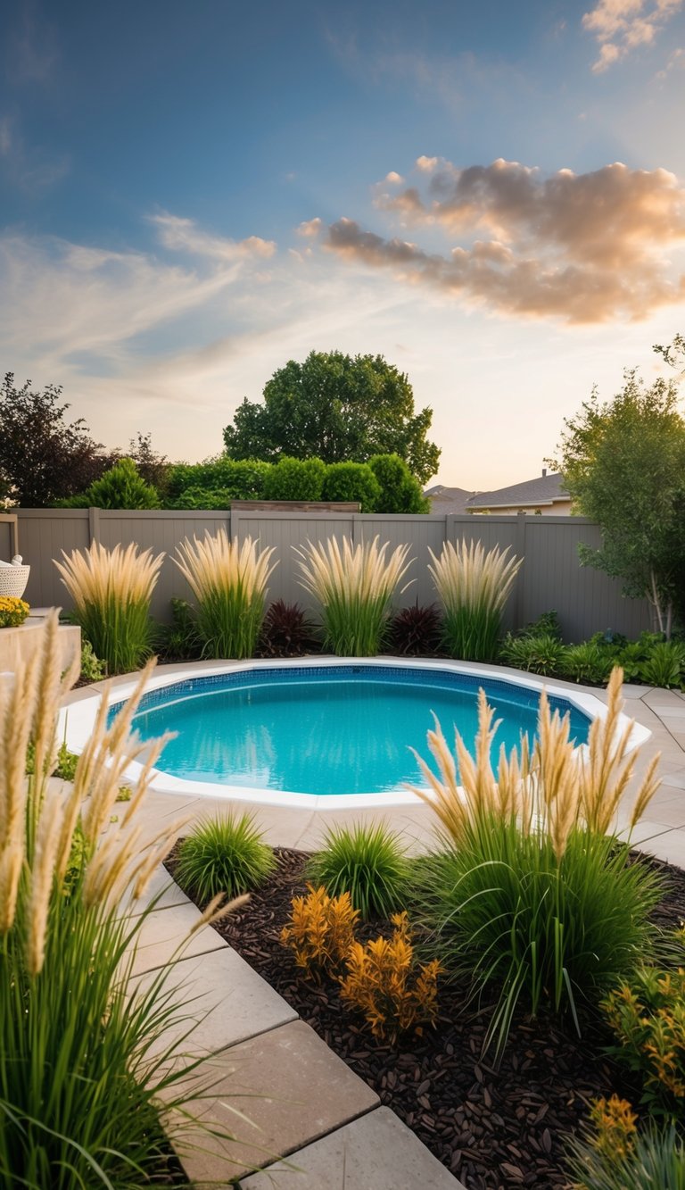 A backyard oasis with an above-ground pool surrounded by lush ornamental grasses and colorful landscaping