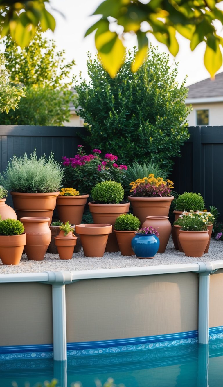 A backyard filled with terracotta pots of various sizes and shapes surrounding an above ground pool, creating a lush and vibrant landscaping display