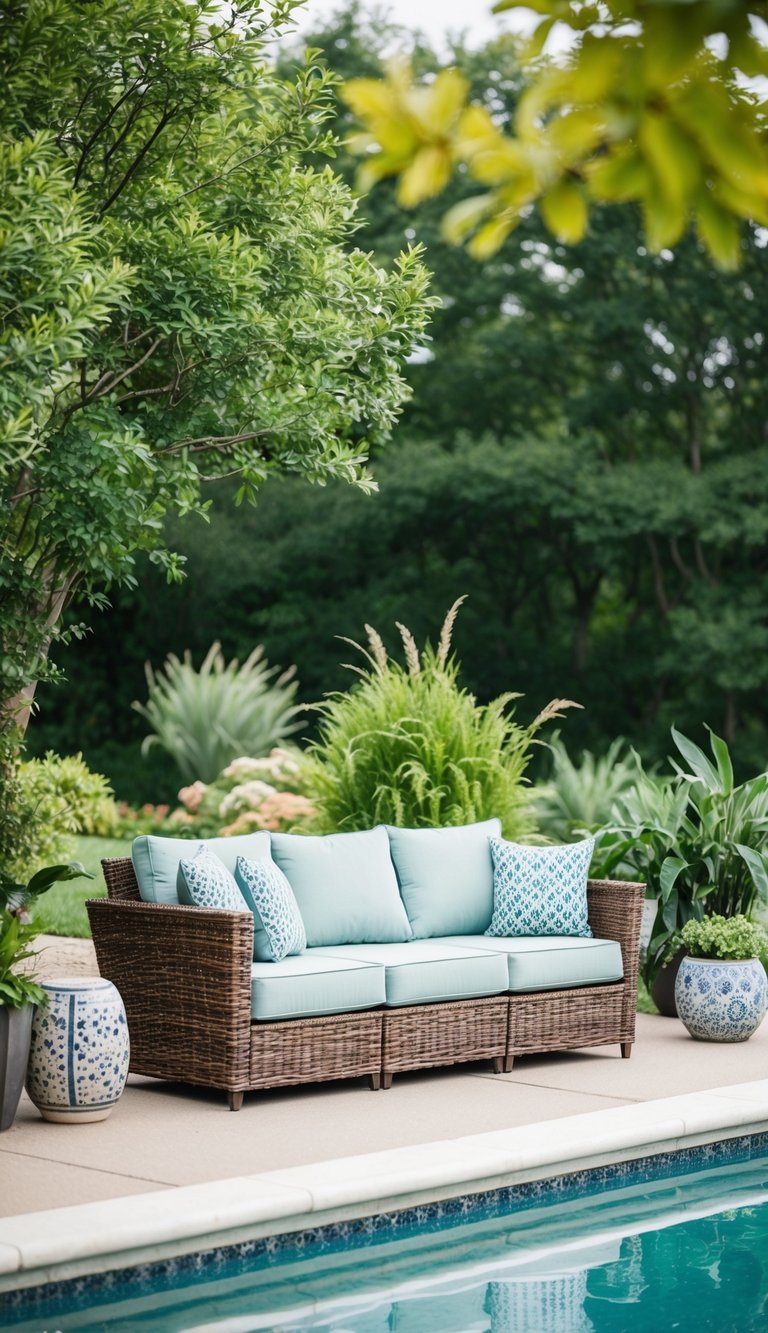 A wicker outdoor sofa surrounded by a beautifully landscaped above ground pool with lush greenery and decorative elements