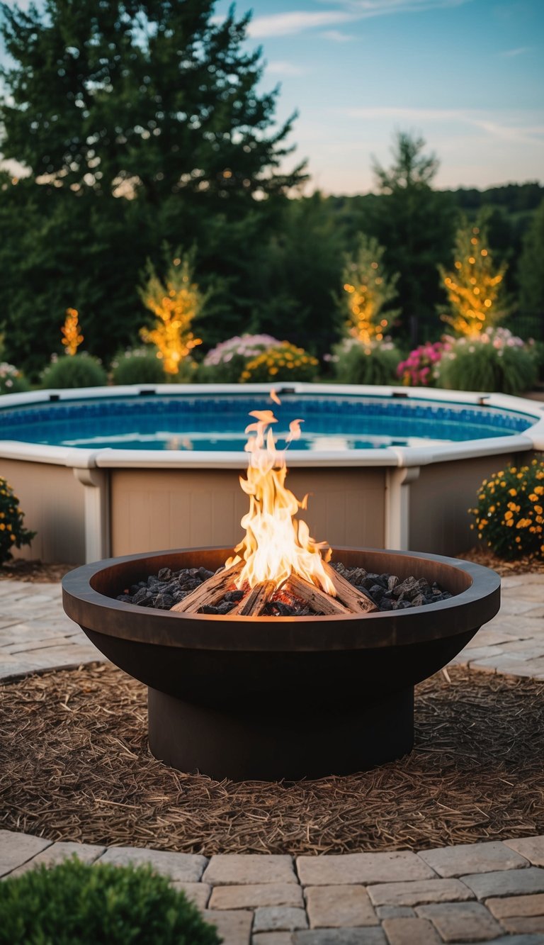 A cozy fire pit surrounded by an above-ground pool and rustic landscaping