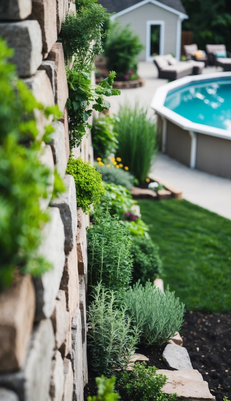 A stone wall lined with a variety of herbs, overlooking a backyard with an above-ground pool and surrounding landscaping