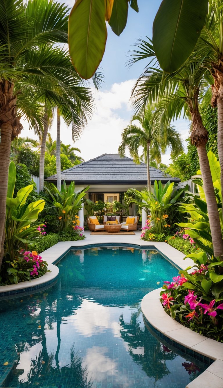 A lush backyard oasis with a sparkling pool, surrounded by palm trees, exotic flowers, and vibrant greenery. A peaceful and luxurious tropical escape