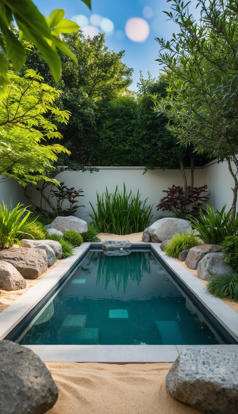 A serene Zen garden with a tranquil pool surrounded by carefully manicured landscaping, featuring rocks, sand, and carefully placed plants for a peaceful retreat