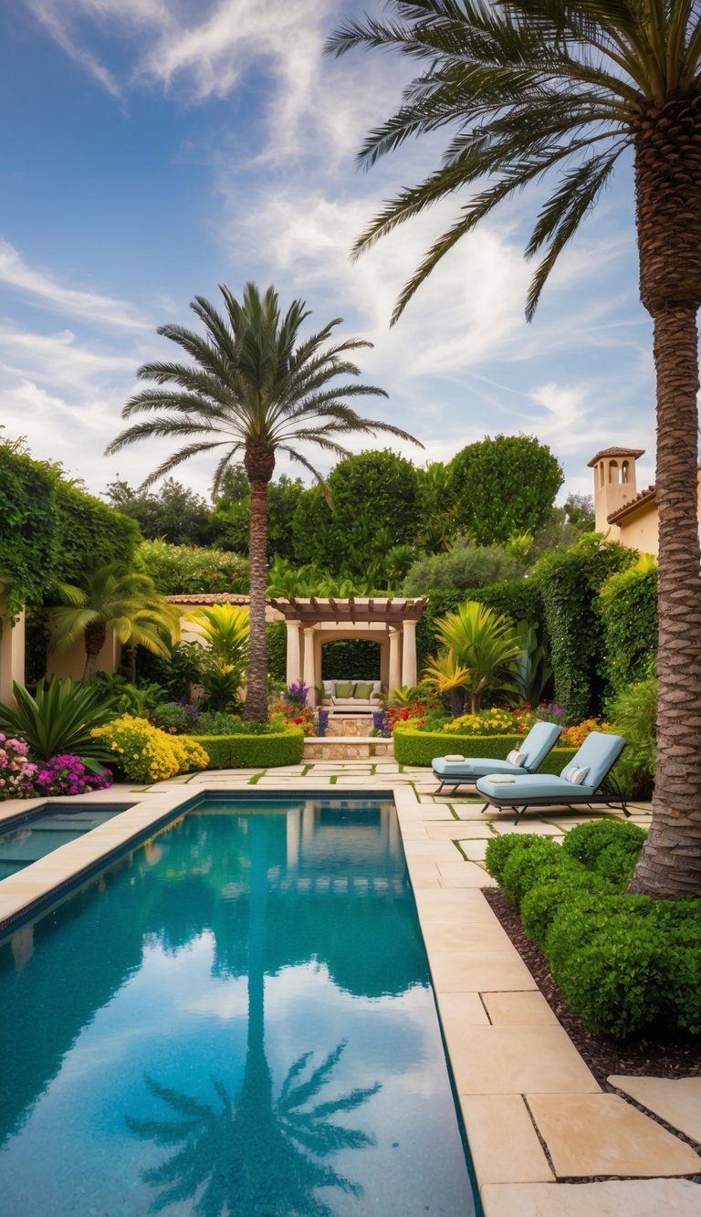 A lush backyard with a sparkling pool, surrounded by Mediterranean-inspired landscaping. Palm trees, colorful flowers, and stone pathways create a tranquil escape