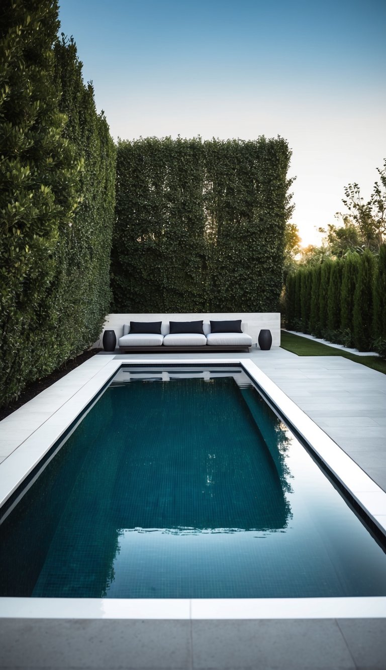 A sleek, geometric pool surrounded by clean lines of greenery and stone in a spacious, modern backyard