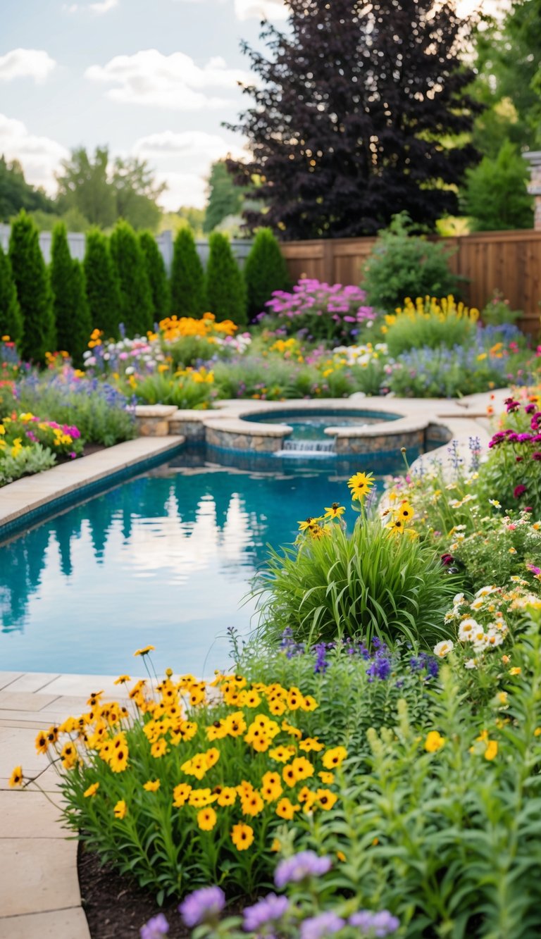 A backyard garden filled with colorful wildflowers surrounds a tranquil pool, with a variety of landscaping ideas on display