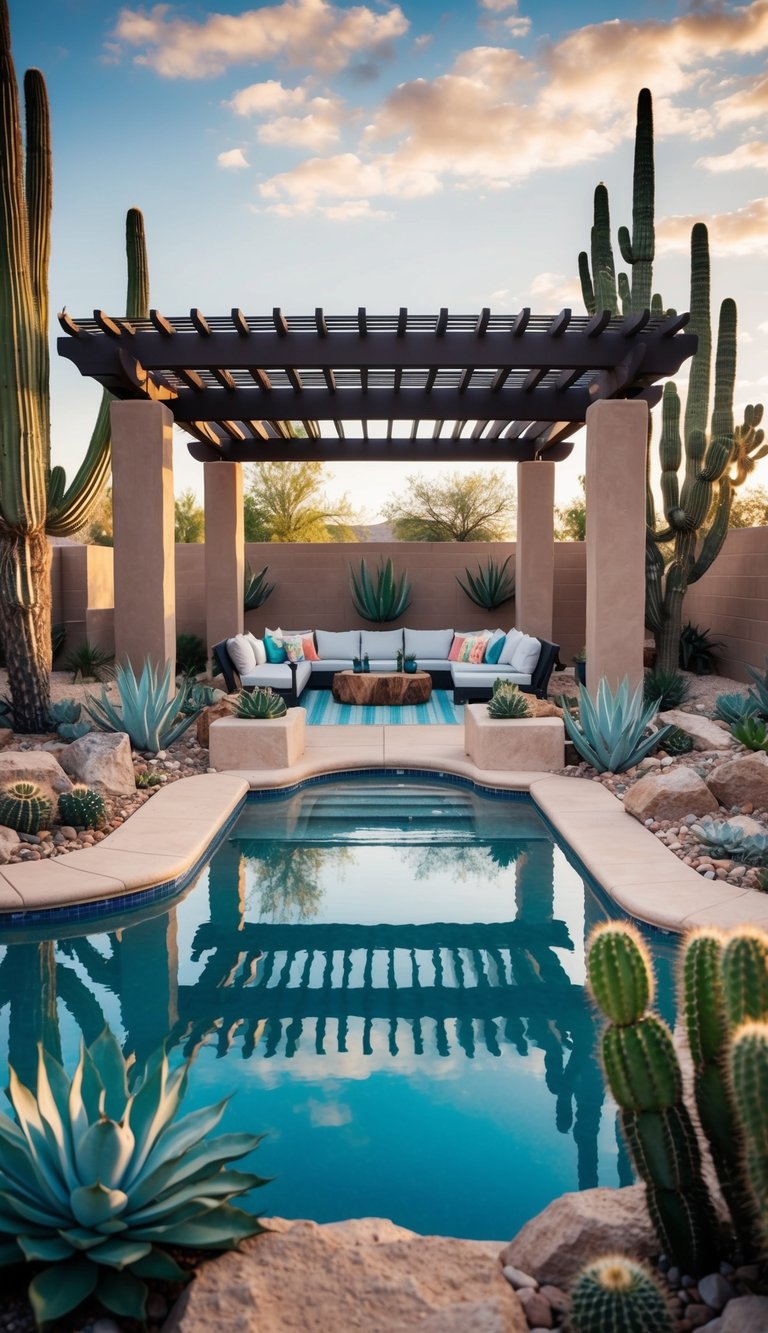 A sprawling desert backyard oasis with a pool, surrounded by cacti, succulents, and rocks. A pergola provides shade, and a cozy seating area invites relaxation