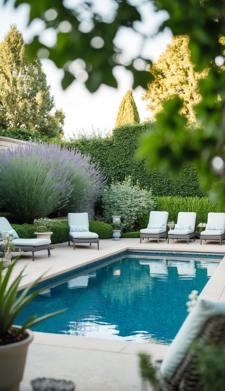 A serene backyard with lush lavender plants, a sparkling pool, and cozy lounge chairs surrounded by elegant landscaping