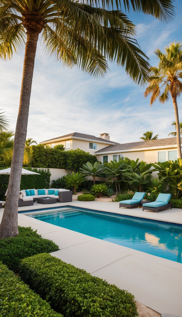 A spacious backyard with a pool, surrounded by lush landscaping and coastal elements like palm trees and sandy beach tones