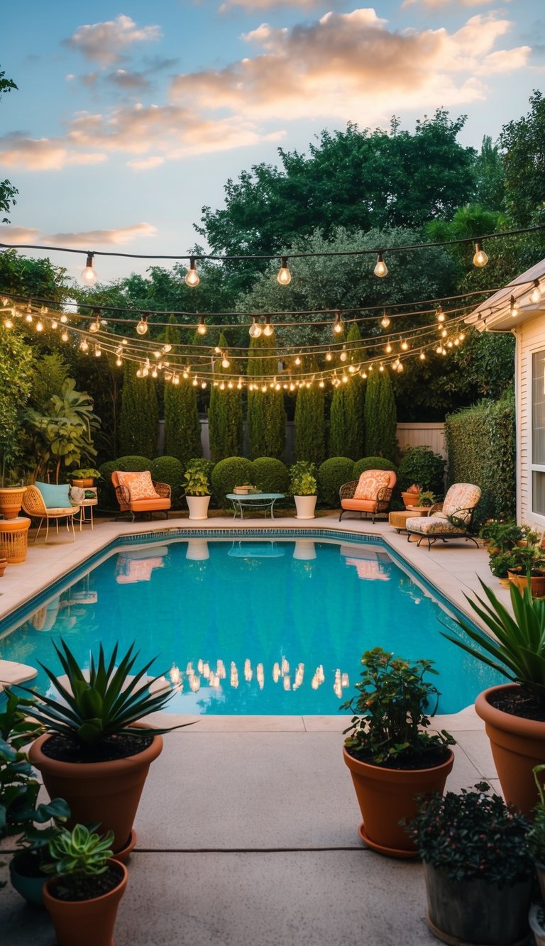 A lush backyard with a pool surrounded by vintage-inspired landscaping, including retro furniture, string lights, and potted plants