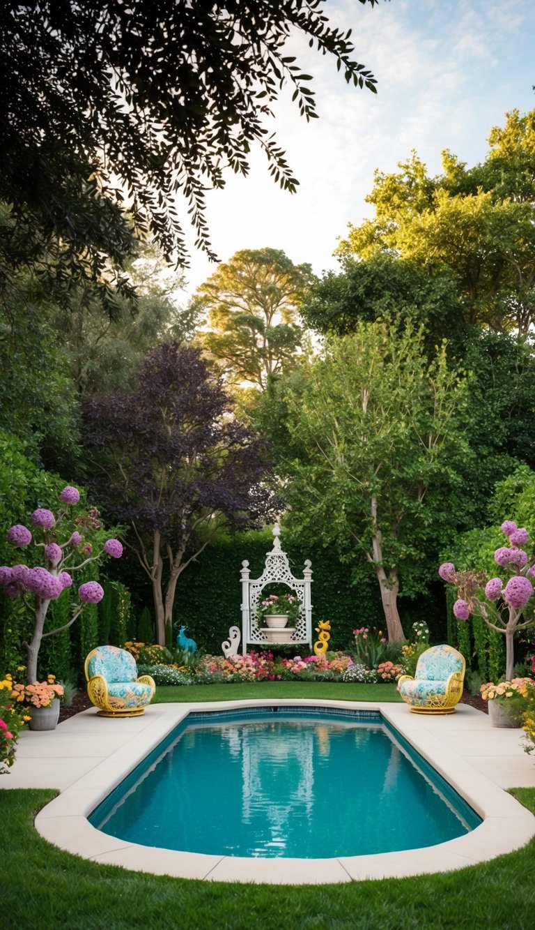 A lush backyard with a pool surrounded by trees, flowers, and whimsical garden decor