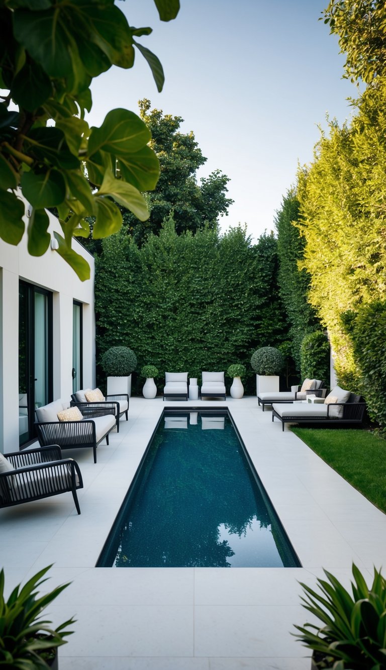 A sleek, modern backyard with a geometric pool, surrounded by lush greenery and stylish outdoor furniture. A chic, urban oasis