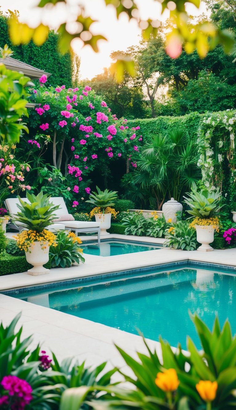 A lush backyard oasis with a pool surrounded by vibrant flowers, lush greenery, and elegant landscaping features