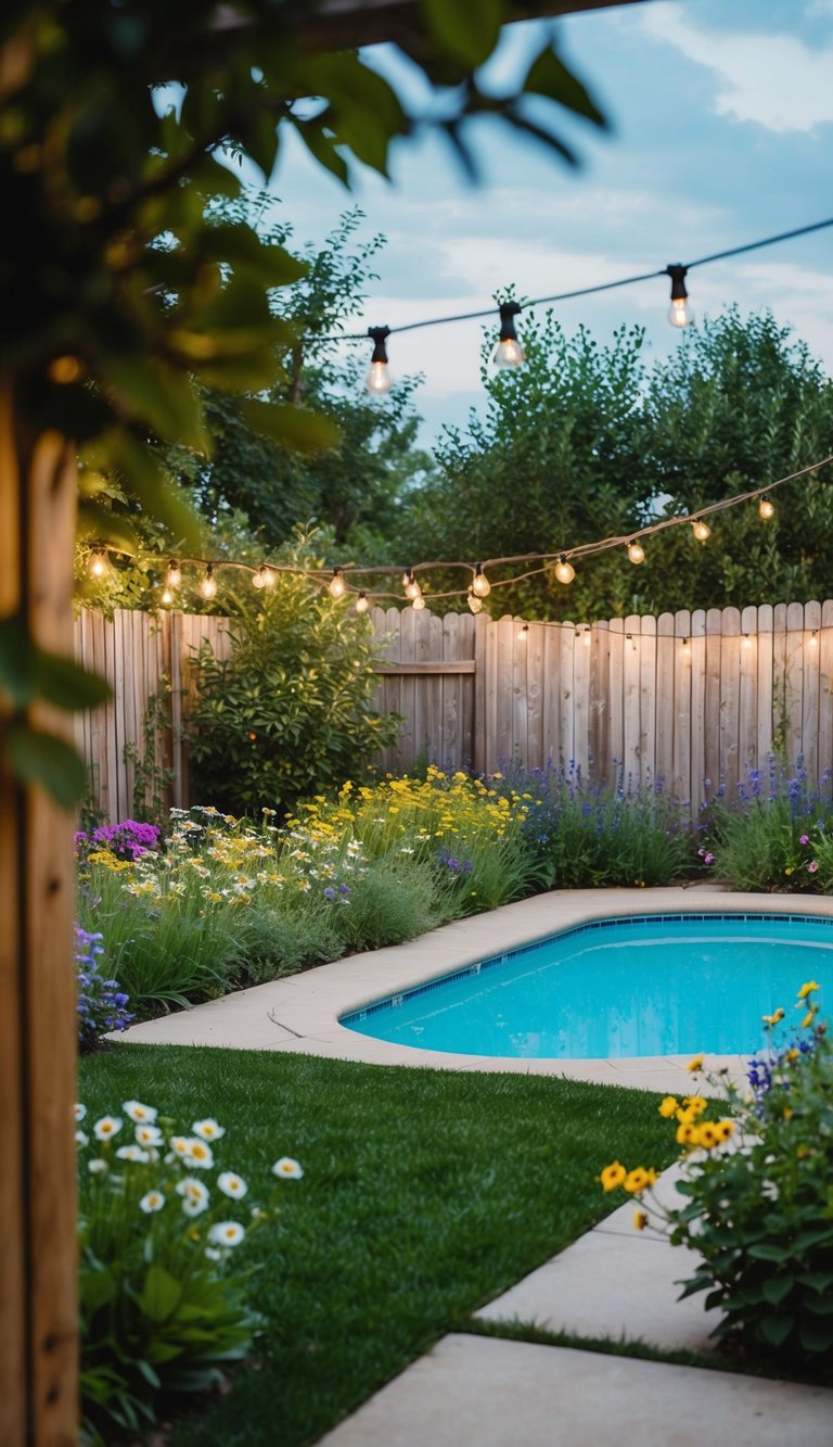 A cozy backyard with a lush garden, a rustic wooden fence, and a charming pool surrounded by wildflowers and twinkling string lights