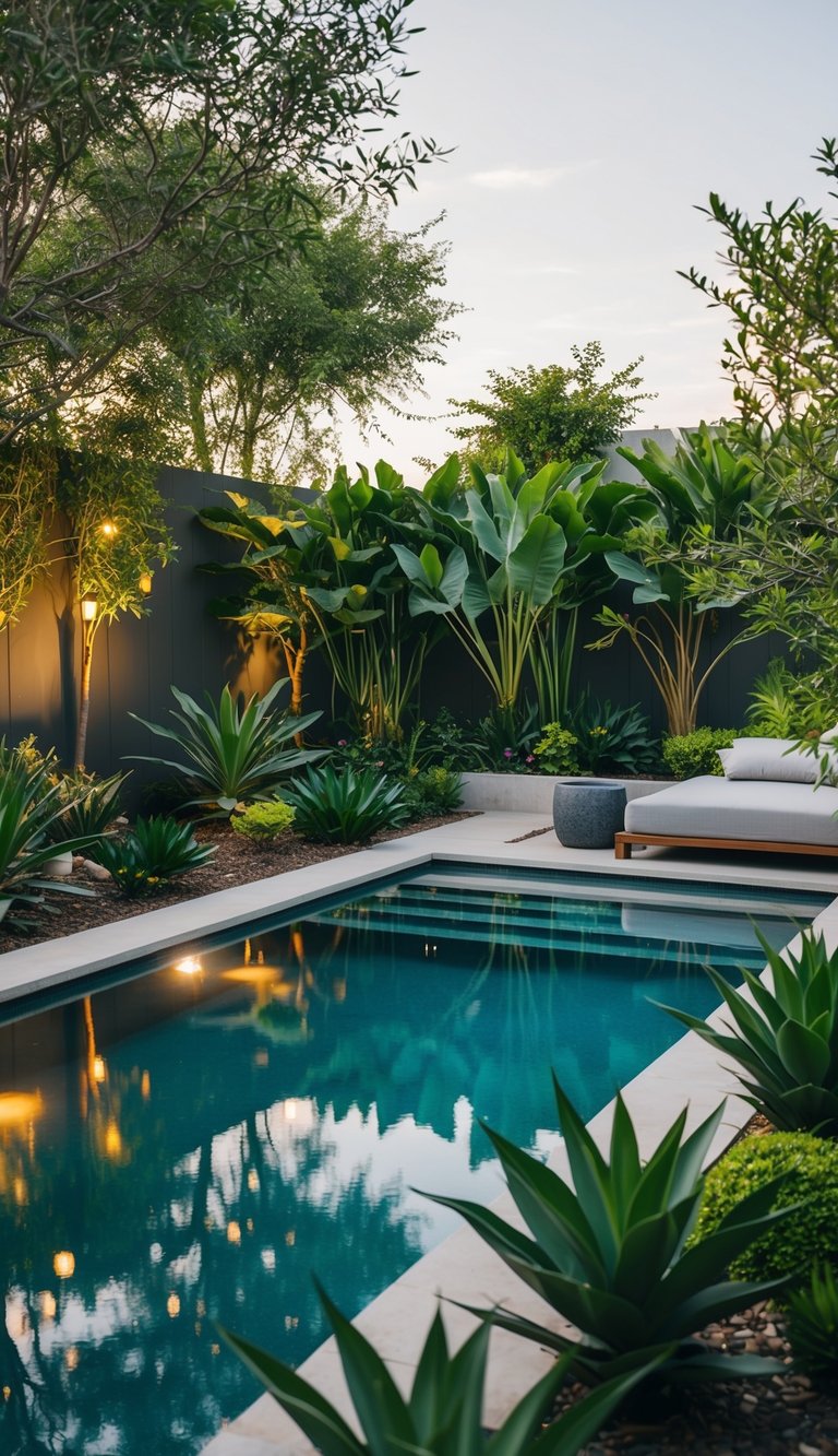 A lush backyard oasis with a modern pool, surrounded by native plants, solar-powered lights, and sustainable landscaping features