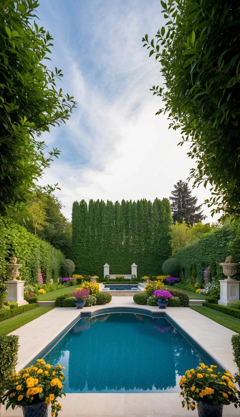 A spacious backyard with a pool surrounded by lush greenery, colorful flowers, and elegant landscaping features