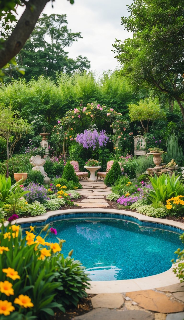 A whimsical garden with a sparkling pool, surrounded by lush greenery, colorful flowers, and charming fairy tale-inspired landscaping features