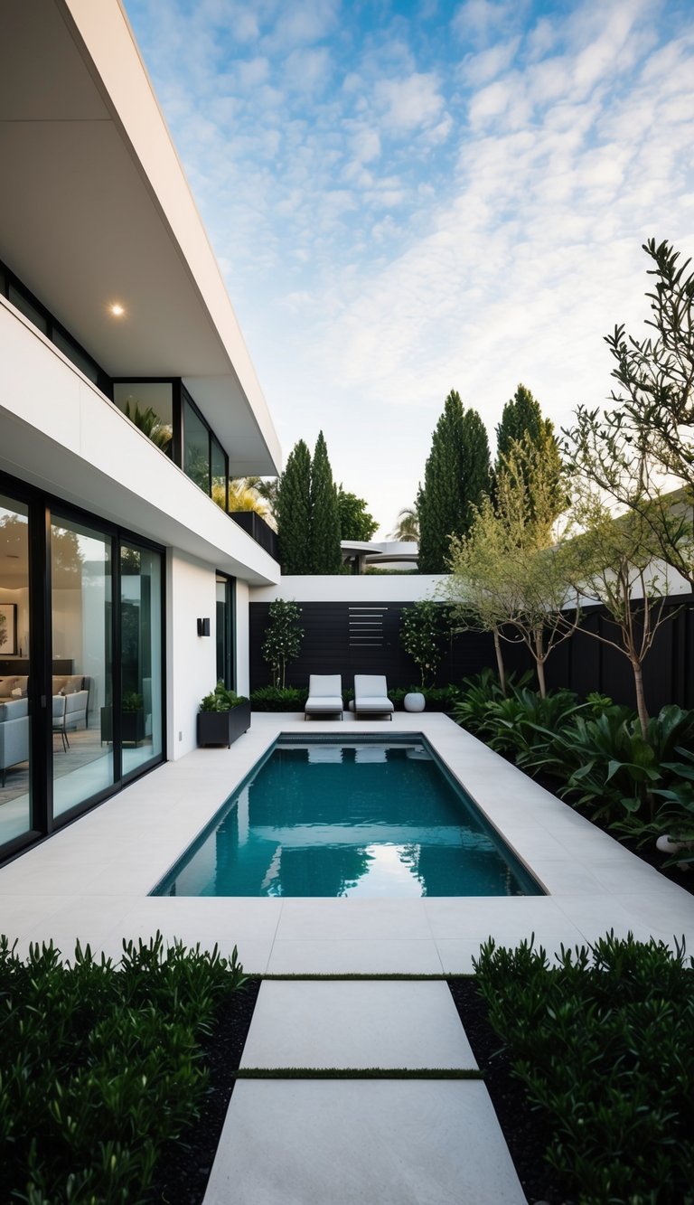 A modern backyard with a cozy pool surrounded by lush landscaping and contemporary design features