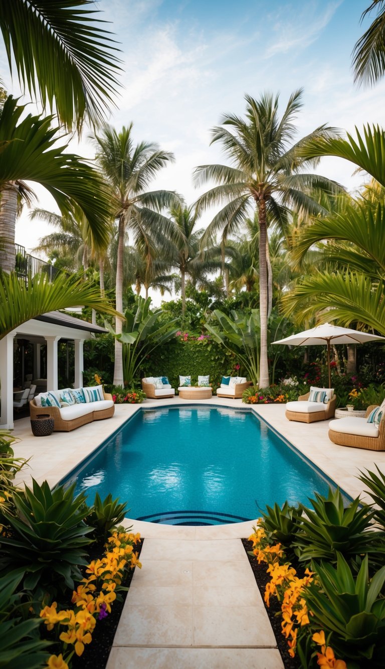 A lush tropical backyard with a sparkling pool surrounded by palm trees, colorful flowers, and cozy seating areas