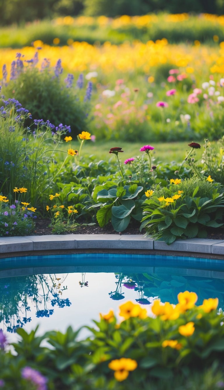 A serene meadow with vibrant flowers and a shimmering pool nestled among lush greenery