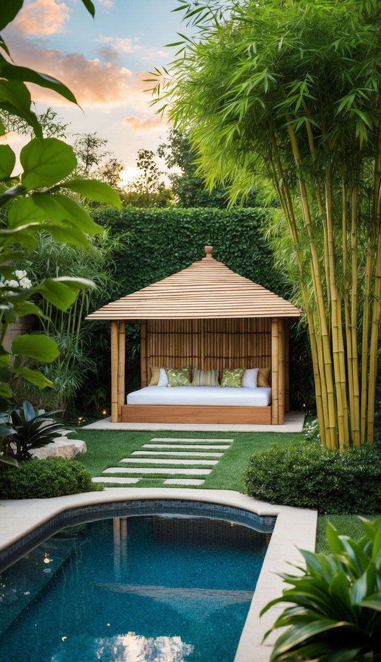 A serene backyard oasis with a bamboo hideaway, surrounded by lush landscaping and a sparkling pool