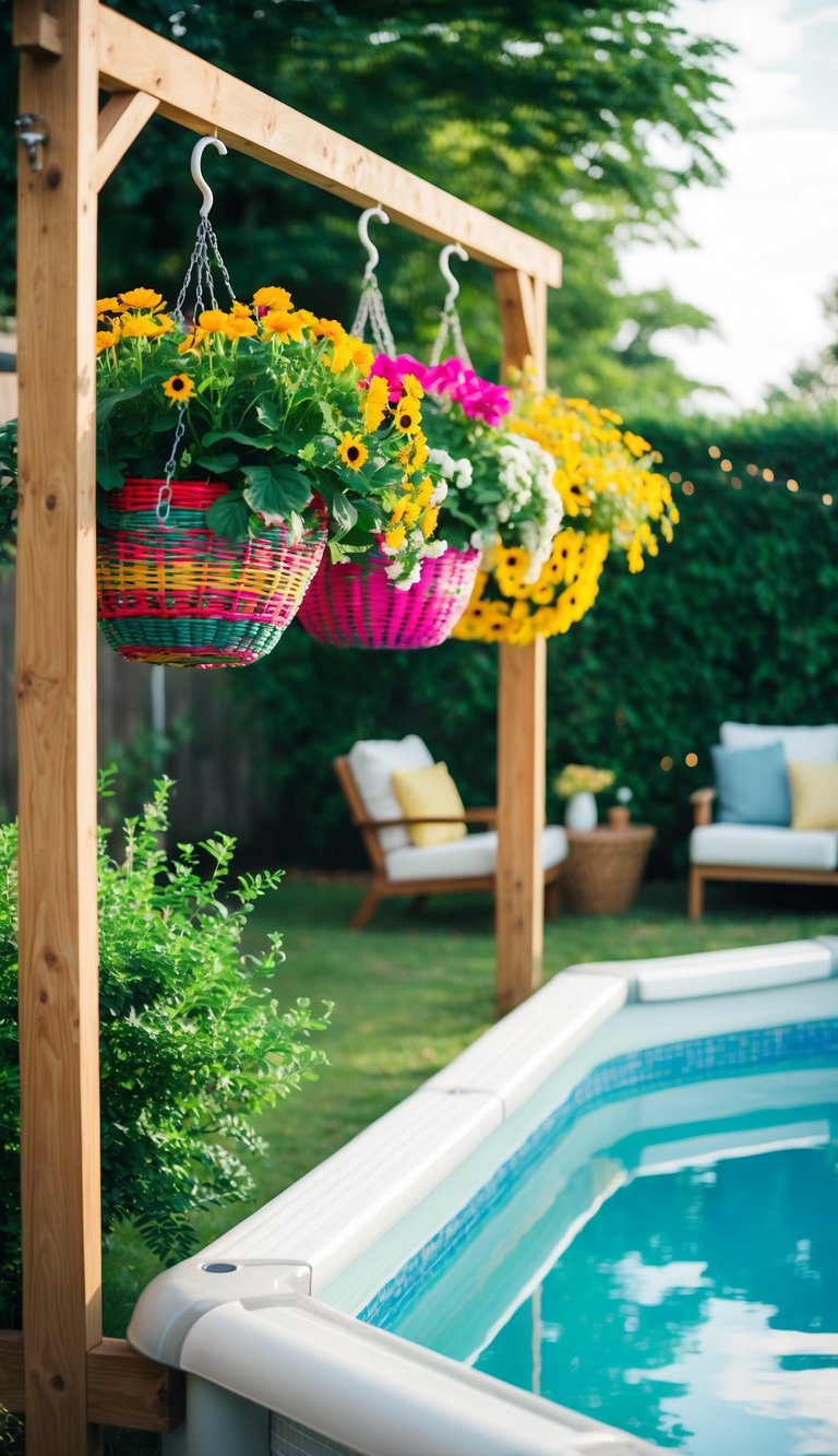 Colorful flower baskets hanging from hooks around an above ground pool, surrounded by lush green landscaping and a cozy seating area