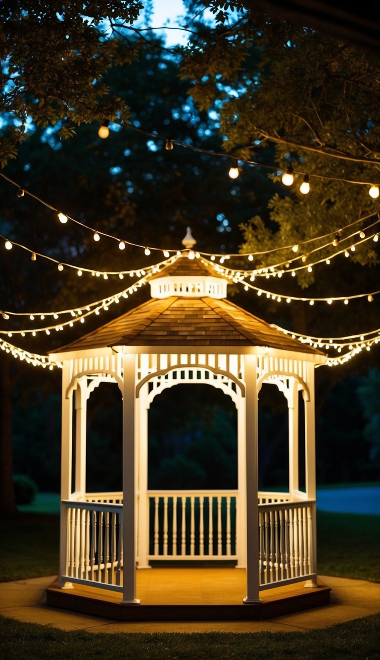 String lights drape around a gazebo, casting a warm, magical glow over the surrounding area