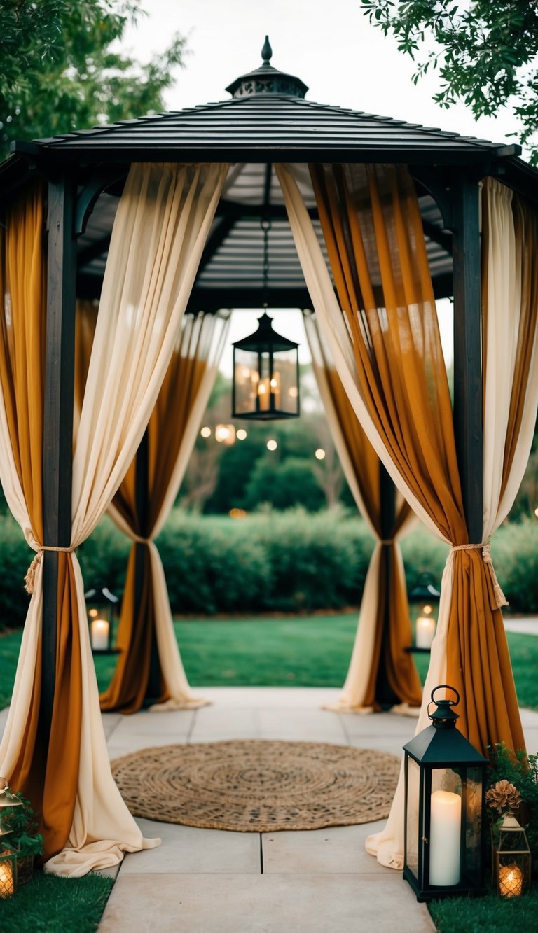 Flowing fabrics in earthy tones drape over a gazebo, creating a bohemian vibe. Lanterns and greenery add to the enchanting atmosphere