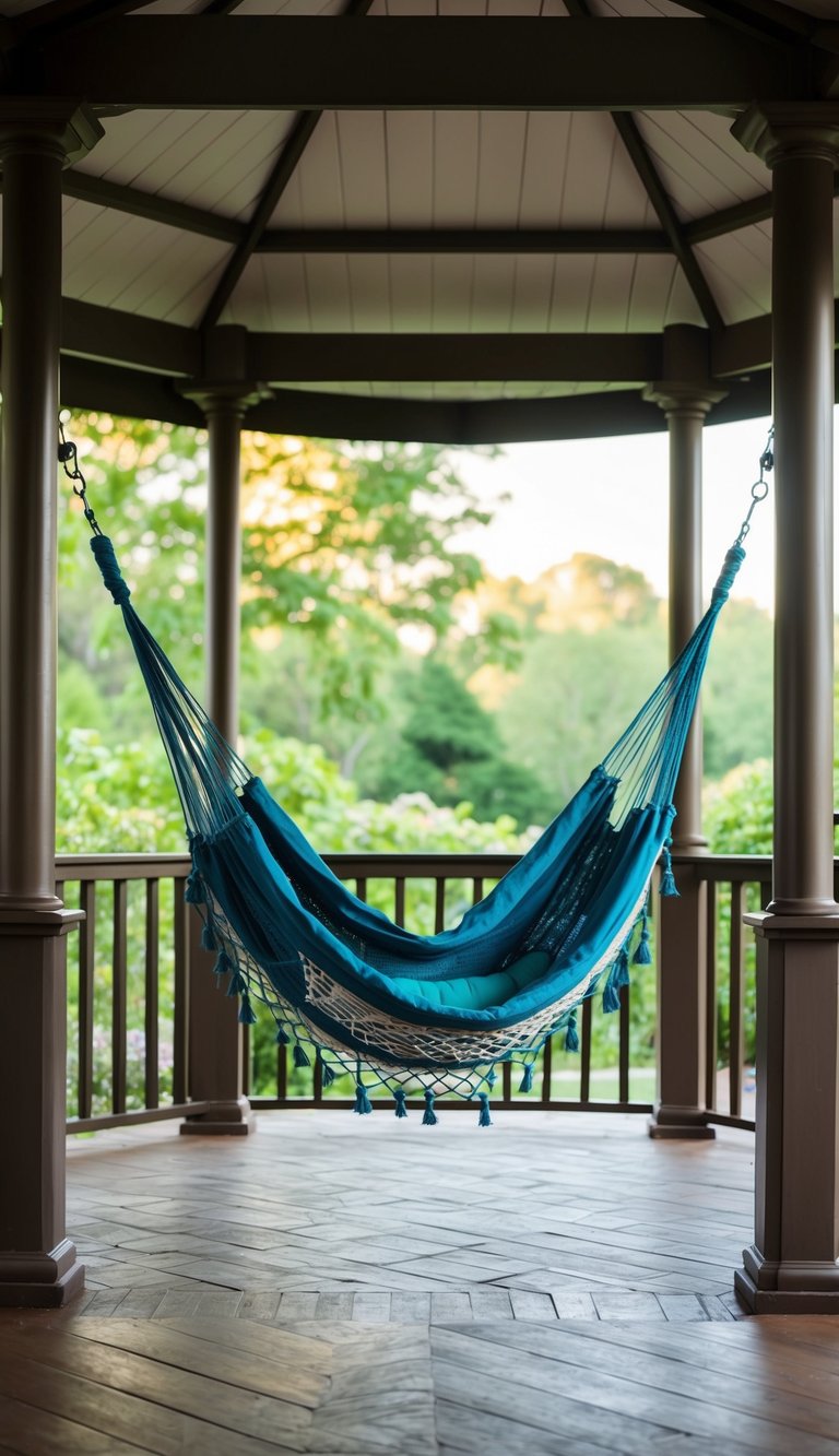 A hammock is suspended between two posts in a cozy gazebo, surrounded by lush greenery and soft lighting for ultimate relaxation