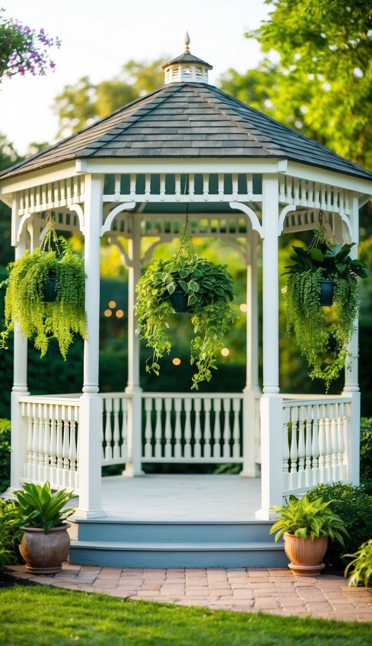 Lush green hanging plants adorn a charming gazebo, creating a serene and inviting atmosphere