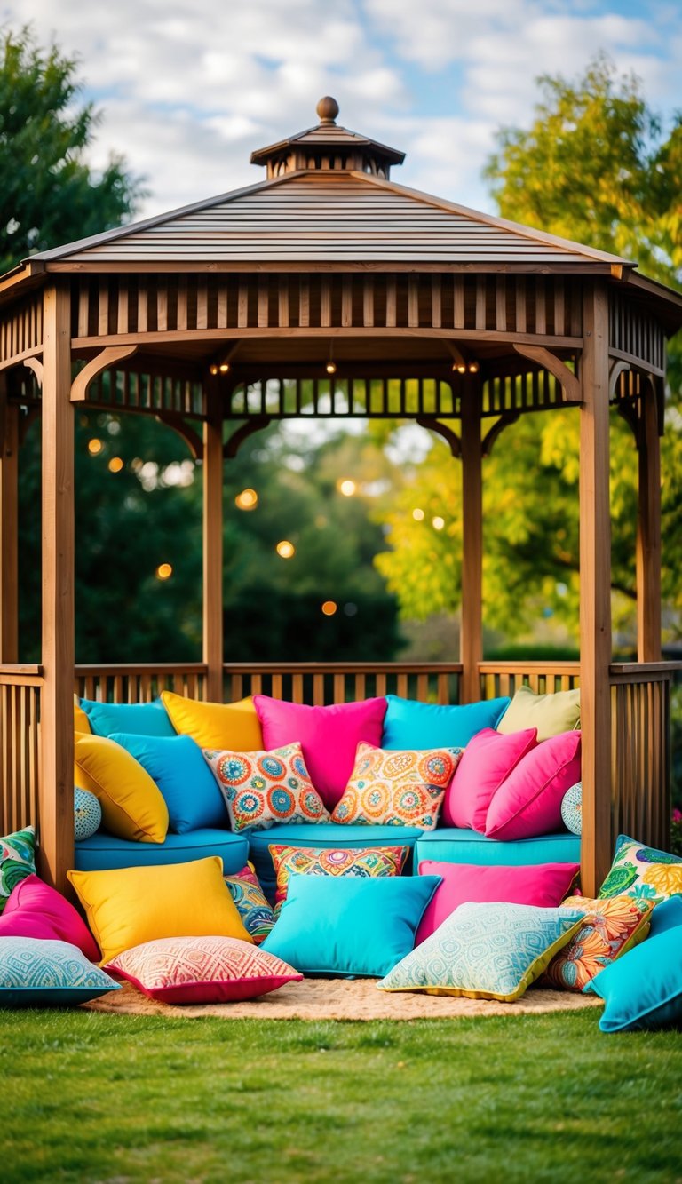 A cozy gazebo with an array of colorful cushions scattered around for comfort, creating a vibrant and inviting atmosphere