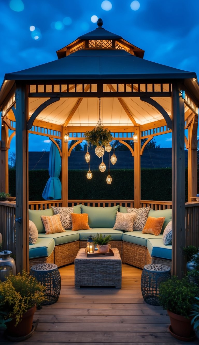 A cozy outdoor gazebo with smart mood lighting, adorned with 22 decorative ideas