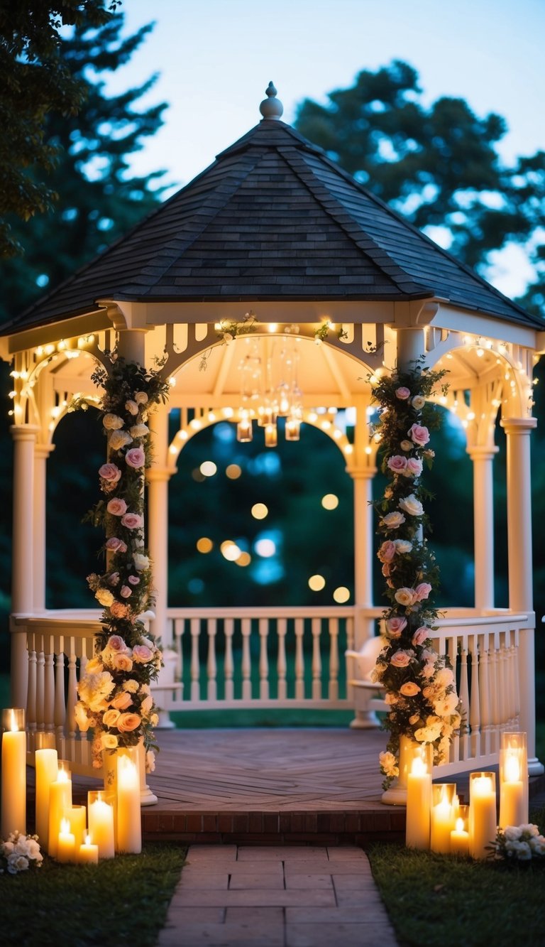 A gazebo adorned with candles, flowers, and soft lighting creates a romantic setting