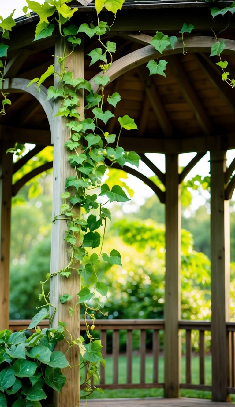 Lush green vines wind around the wooden beams of a gazebo, creating a natural and inviting atmosphere