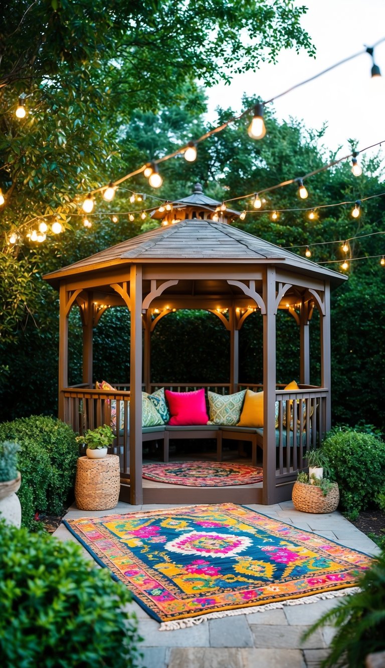 A cozy gazebo with colorful outdoor rugs, surrounded by lush greenery and twinkling string lights