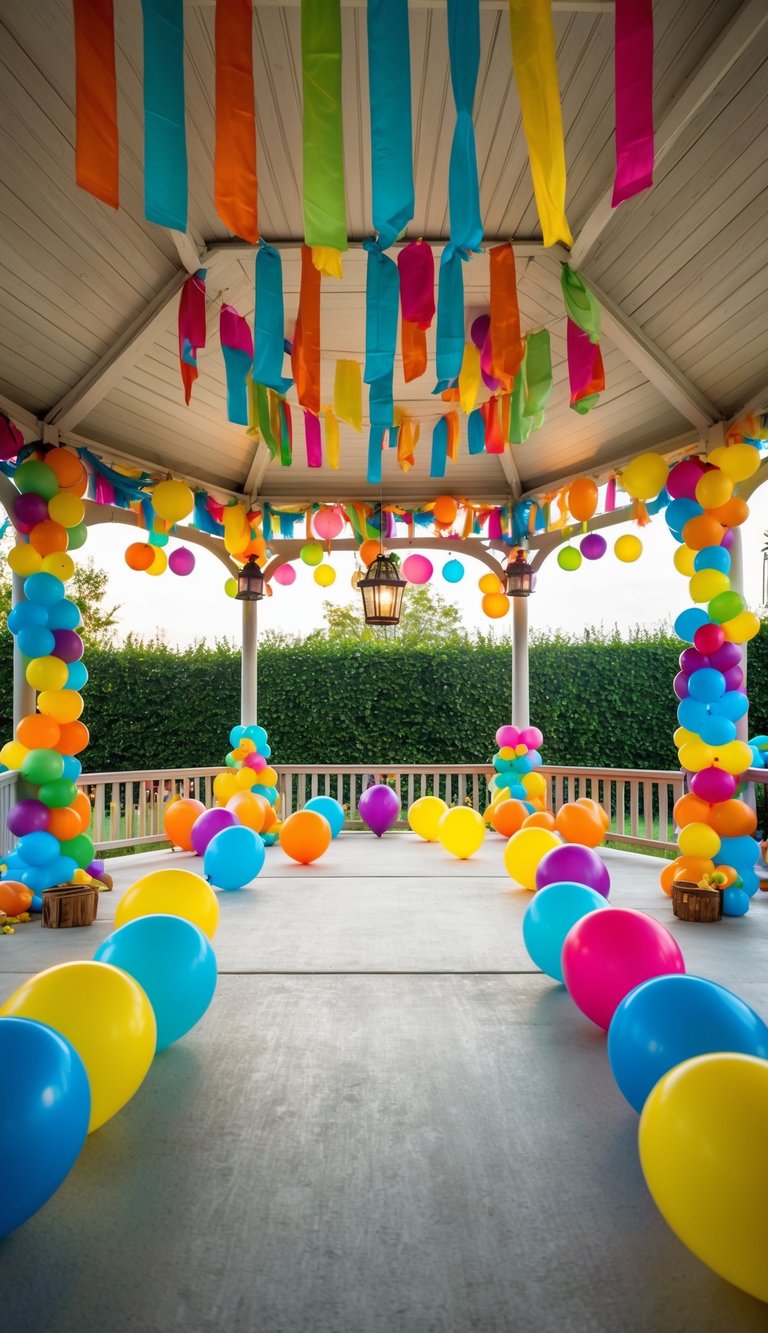 Colorful streamers, balloons, and lanterns adorn a spacious gazebo, creating a festive atmosphere for a themed party