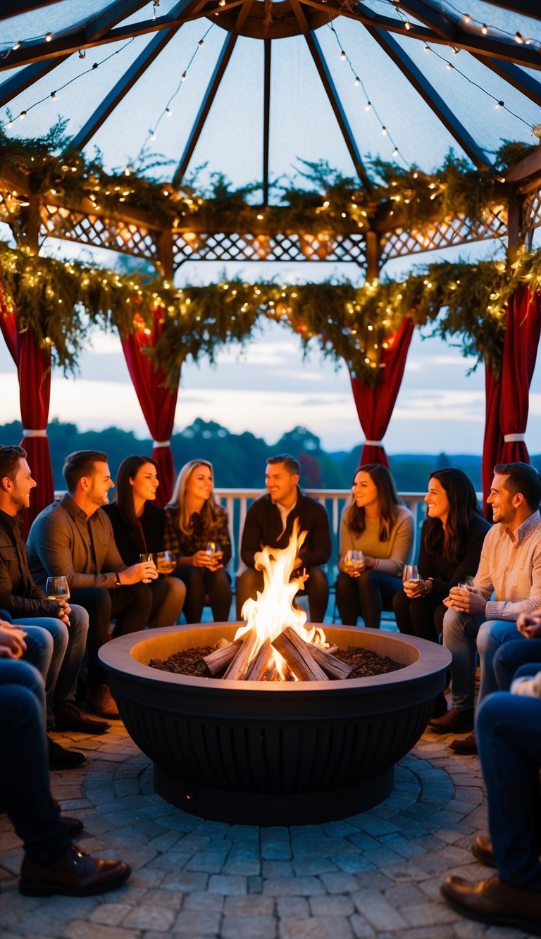 A group of people gathers around a fire pit inside a decorated gazebo, enjoying a cozy and intimate atmosphere