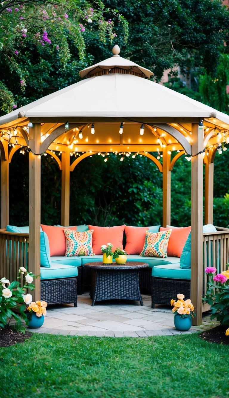 A cozy gazebo with weatherproof furniture, adorned with twinkling lights and colorful cushions, surrounded by lush greenery and blooming flowers