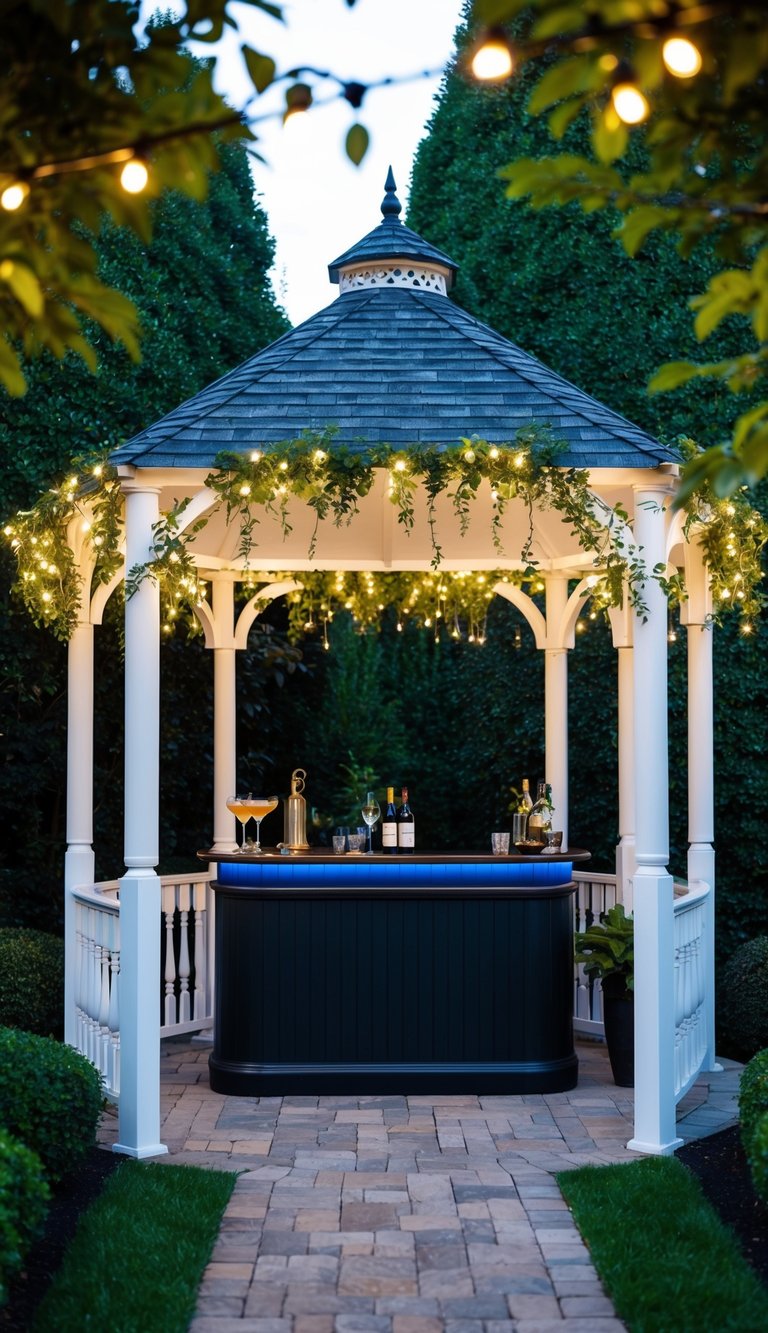 A gazebo adorned with twinkling lights and lush greenery features a stylish mini bar, perfect for entertaining guests with 22 unique decorating ideas