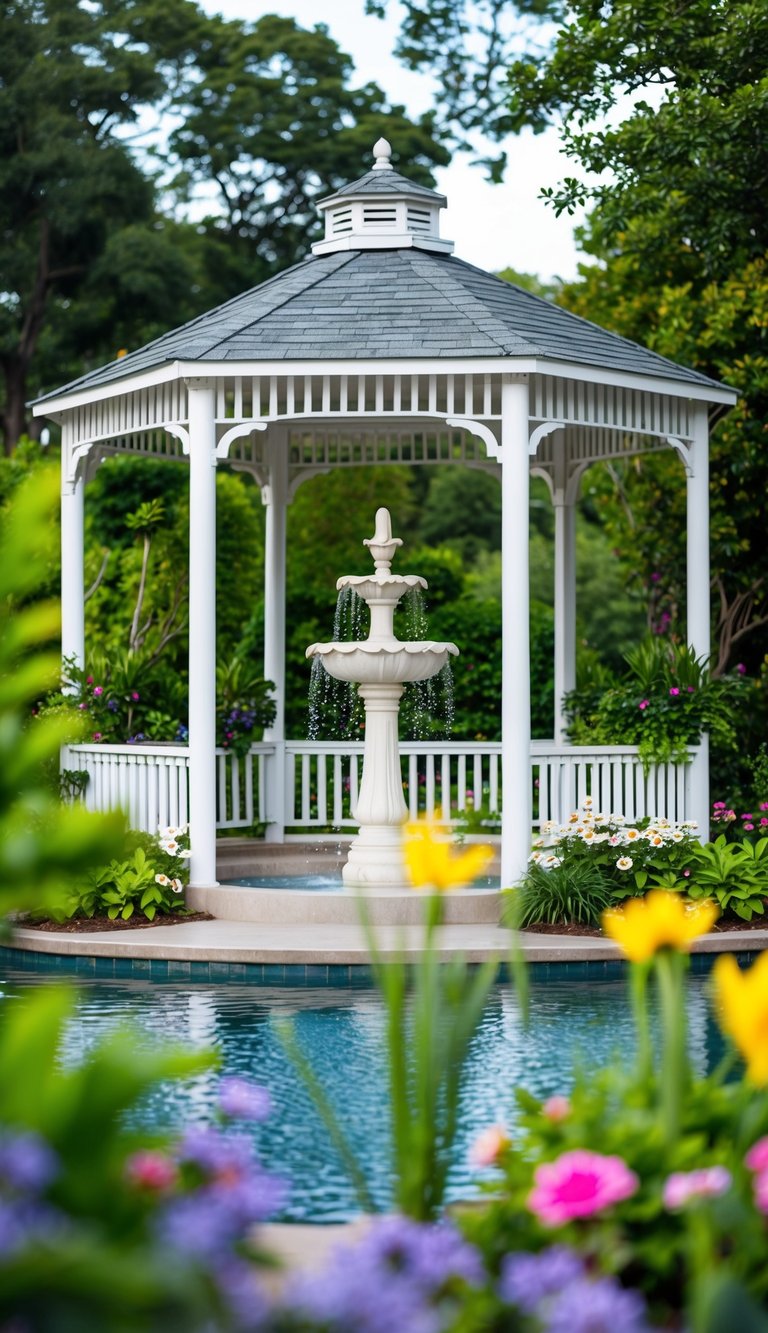 A serene gazebo with a tranquil water fountain as the focal point, surrounded by lush greenery and colorful flowers